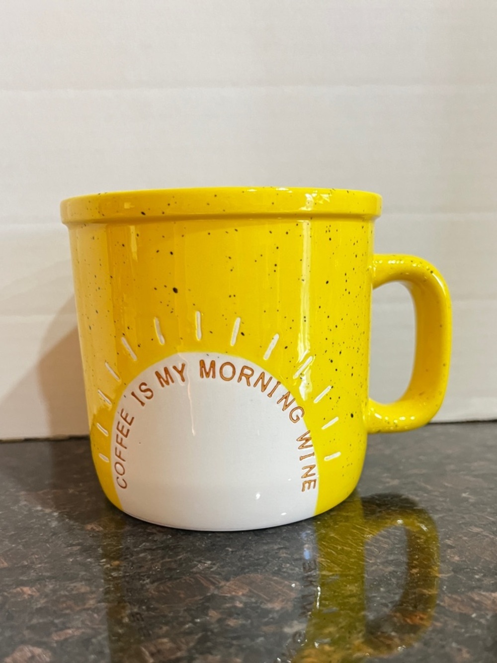 Coffee is My Morning Wine Mug Hallmark Yellow Speckled Ceramic 18 oz.